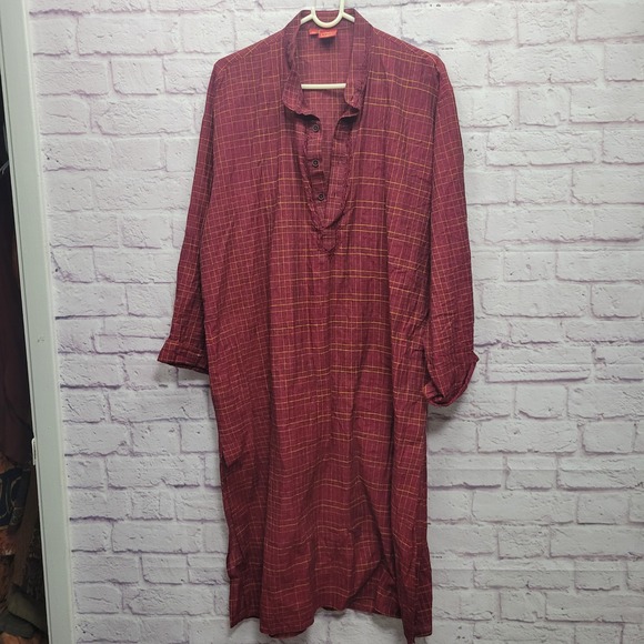 Ethos Red Kurta Mens 44 100% Cotton Plaid Lightweight Ethnic Casual Traditional - Picture 1 of 9